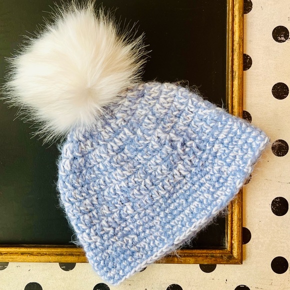 Hand-Crocheted Winter Beanie Hat with White Faux Fur Pom - Picture 2 of 10